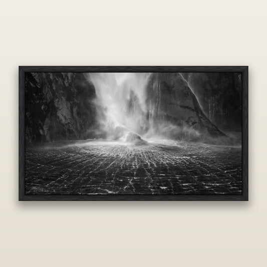 Stirling Falls, Milford Sound, black and white framed metallic canvas print, Black frame. New Zealand fine art wall art by Stephen Milner.