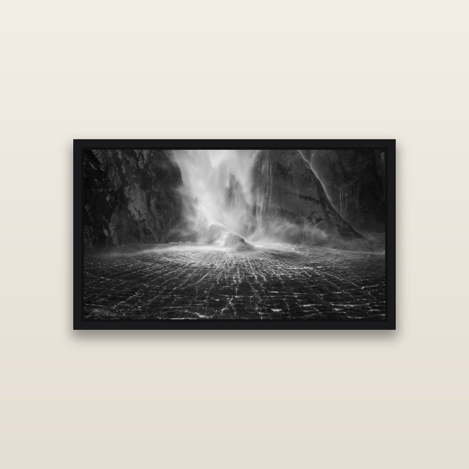 Stirling Falls, Milford Sound — Black framed metallic canvas print, small 81 × 46 cm. New Zealand fine art landscape wall art by Stephen Milner.