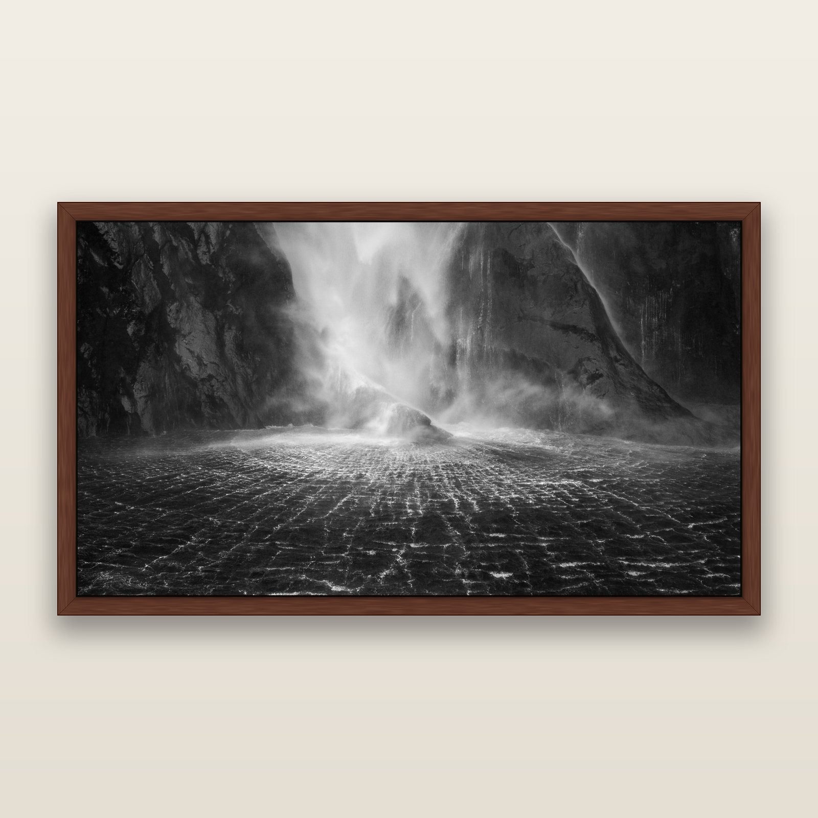Stirling Falls, Milford Sound, black and white framed metallic canvas print, Brown frame. New Zealand fine art wall art by Stephen Milner.