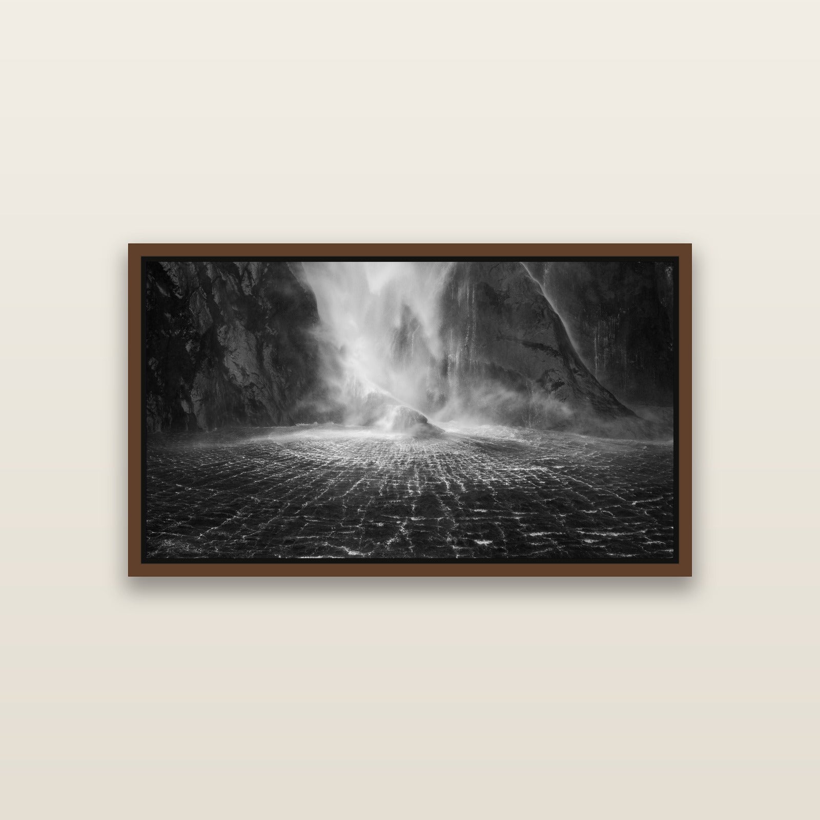 Stirling Falls, Milford Sound — Brown framed metallic canvas print, small 81 × 46 cm. New Zealand fine art landscape wall art by Stephen Milner.
