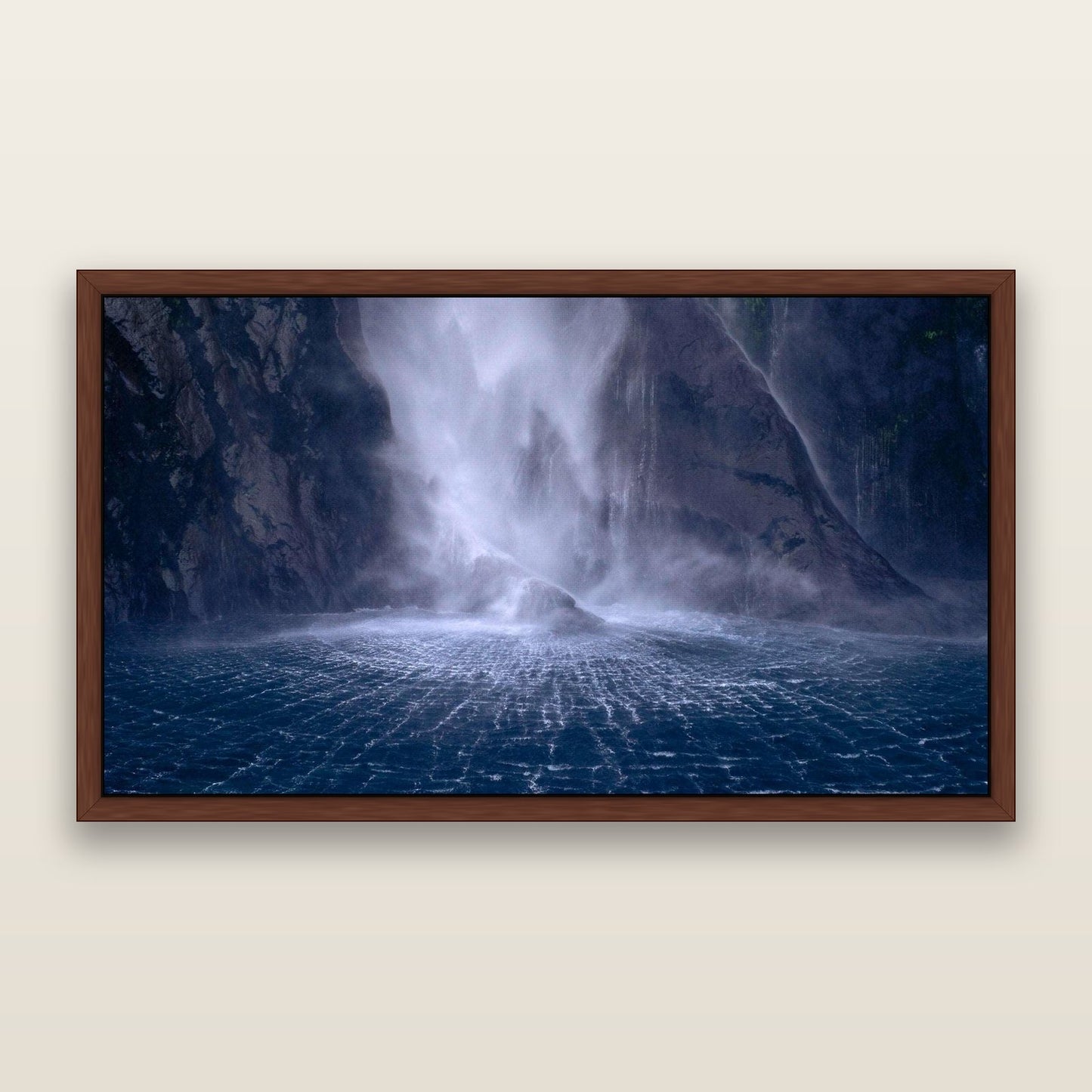 Stirling Falls, Milford Sound — framed metallic canvas print, Brown frame. New Zealand fine art landscape wall art by Stephen Milner.