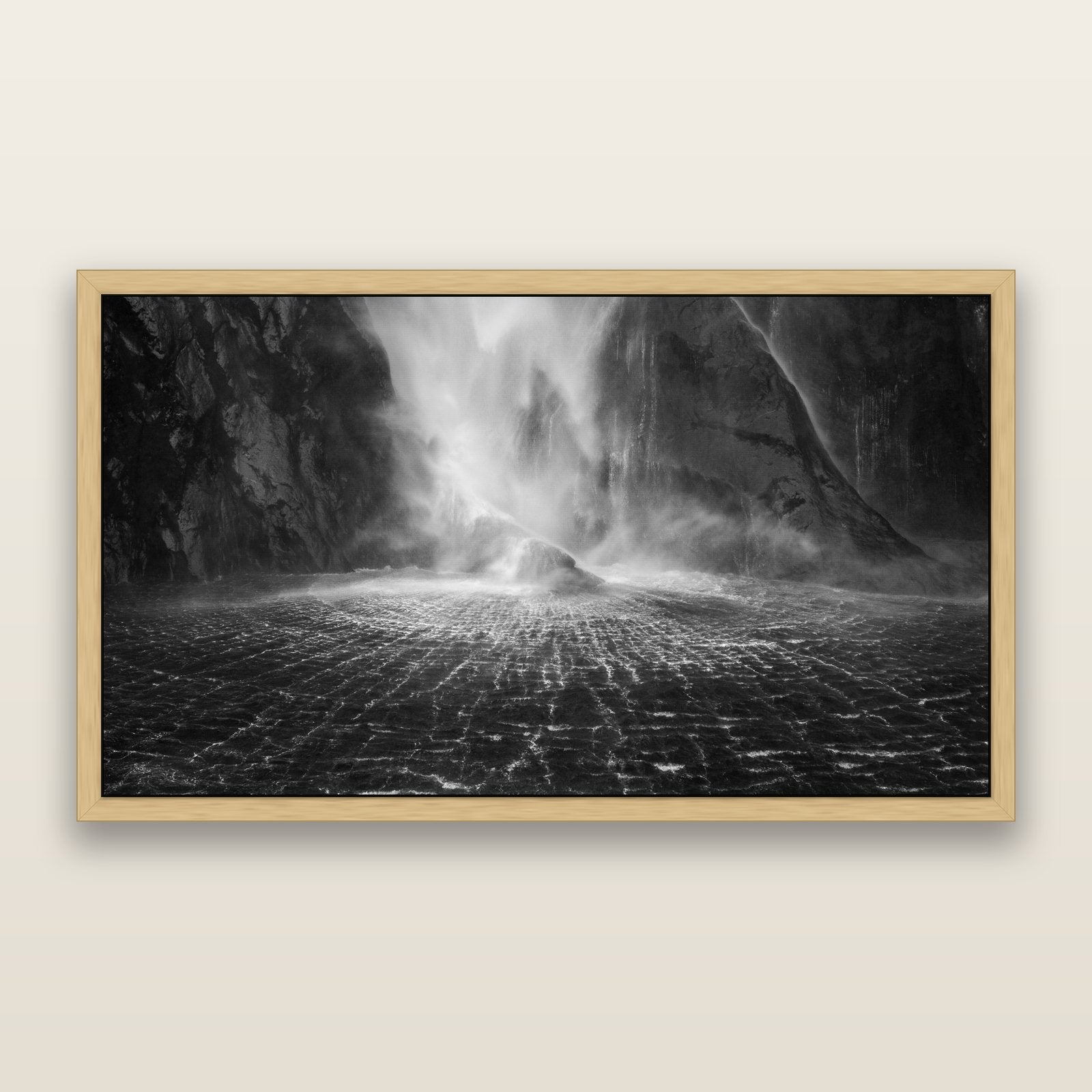 Stirling Falls, Milford Sound, black and white framed metallic canvas print, Natural frame. New Zealand fine art wall art by Stephen Milner.
