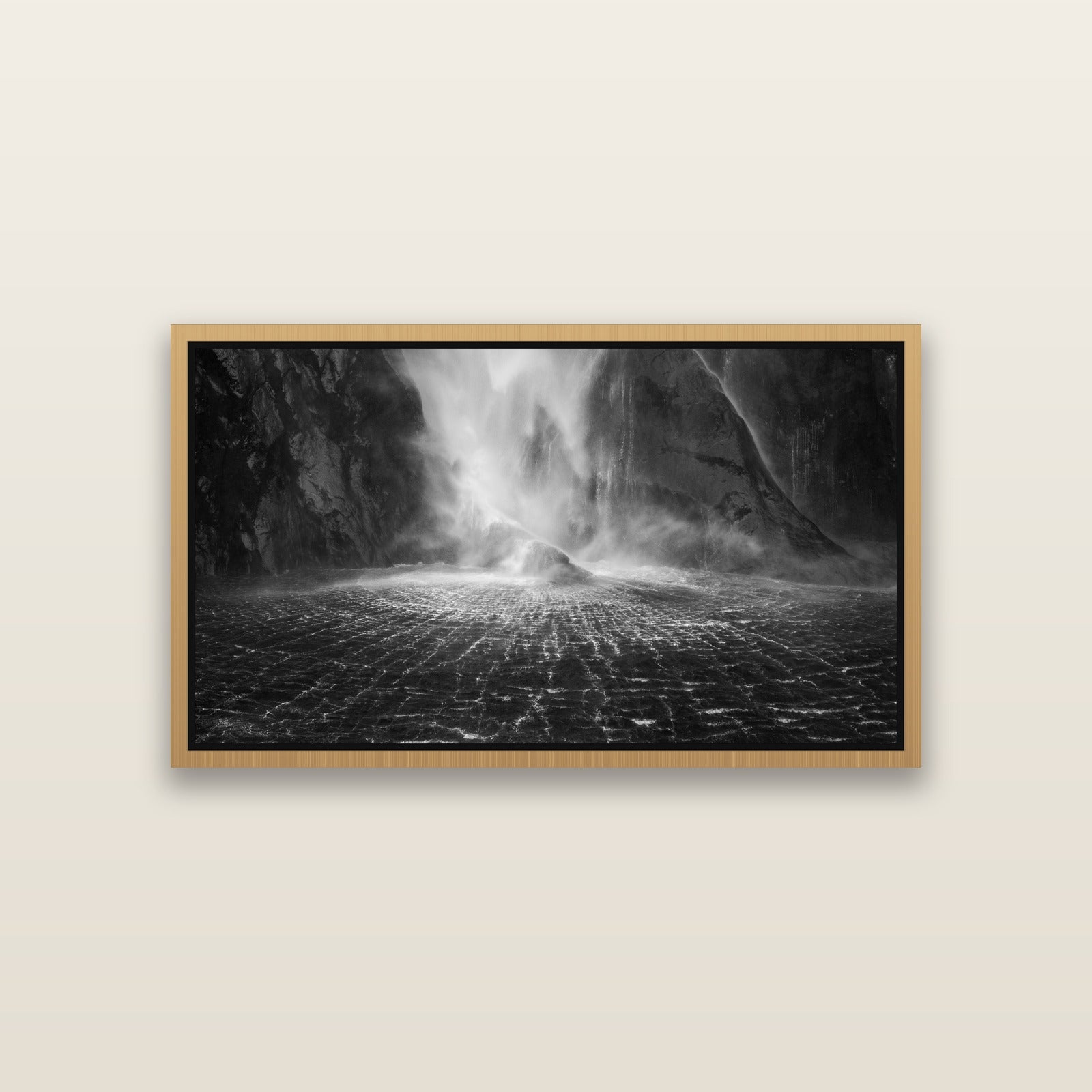 Stirling Falls, Milford Sound — Natural framed metallic canvas print, small 81 × 46 cm. New Zealand fine art landscape wall art by Stephen Milner.
