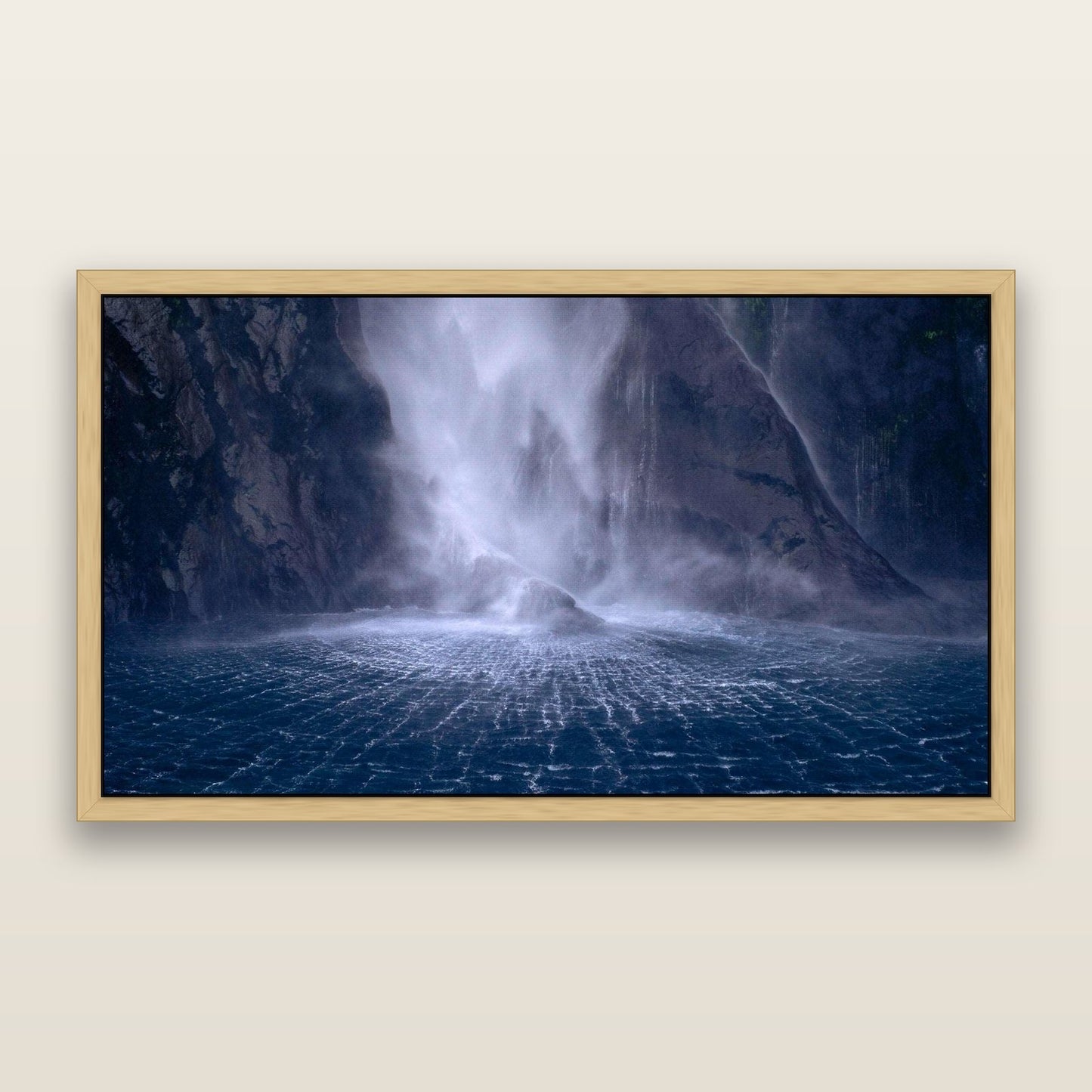 Stirling Falls, Milford Sound — framed metallic canvas print, Natural frame. New Zealand fine art landscape wall art by Stephen Milner.
