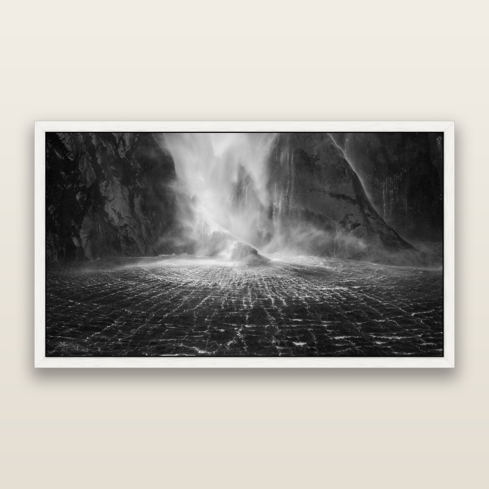 Stirling Falls, Milford Sound, black and white framed metallic canvas print, White frame. New Zealand fine art wall art by Stephen Milner.