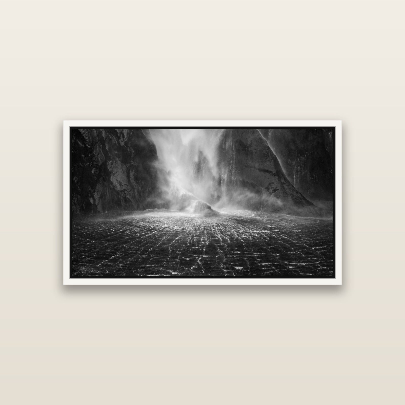 Stirling Falls, Milford Sound — White framed metallic canvas print, small 81 × 46 cm. New Zealand fine art landscape wall art by Stephen Milner.