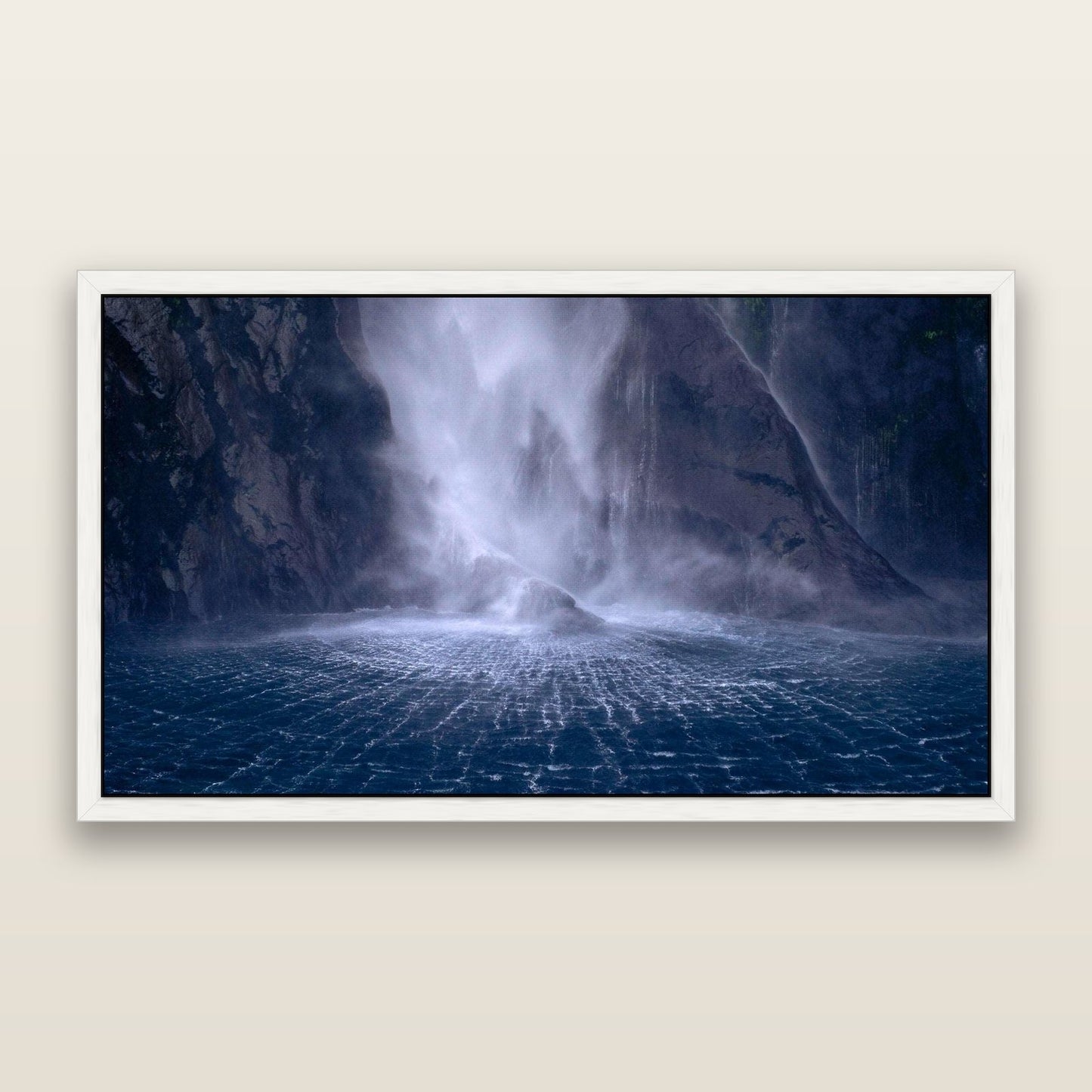 Stirling Falls, Milford Sound — framed metallic canvas print, White frame. New Zealand fine art landscape wall art by Stephen Milner.