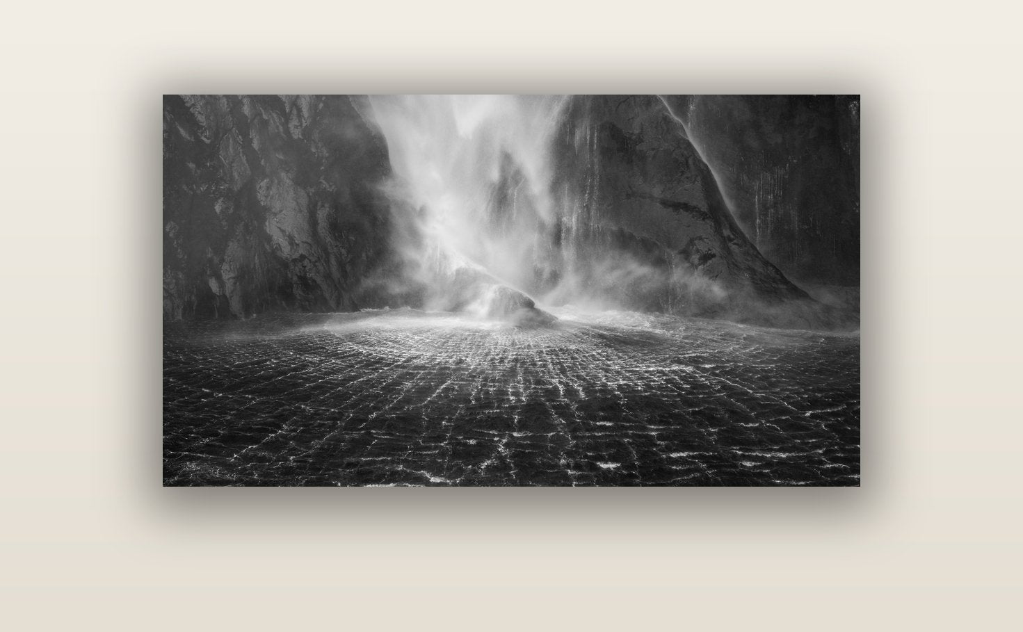 Stirling Falls, Milford Sound — acrylic glass print, 122 × 61 cm. New Zealand fine art landscape wall art by Stephen Milner.