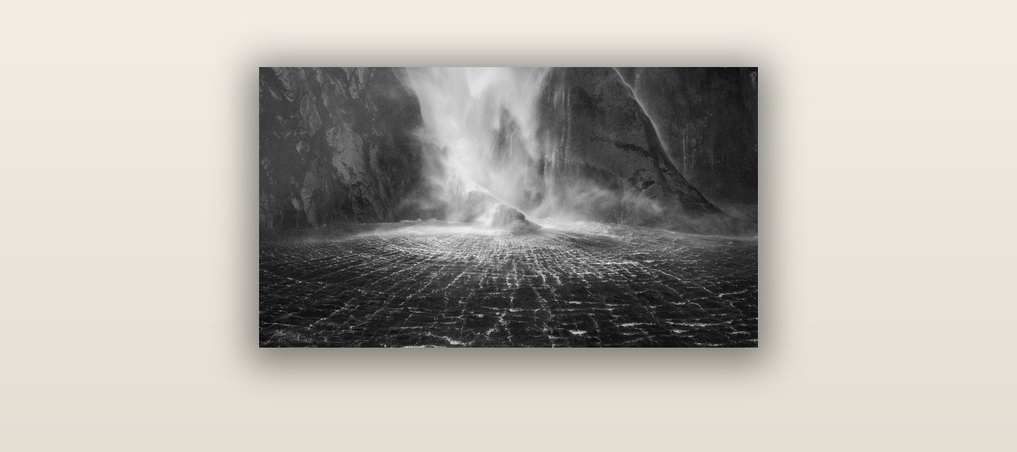Stirling Falls, Milford Sound — acrylic glass print, 61 × 30 cm. New Zealand fine art landscape wall art by Stephen Milner.
