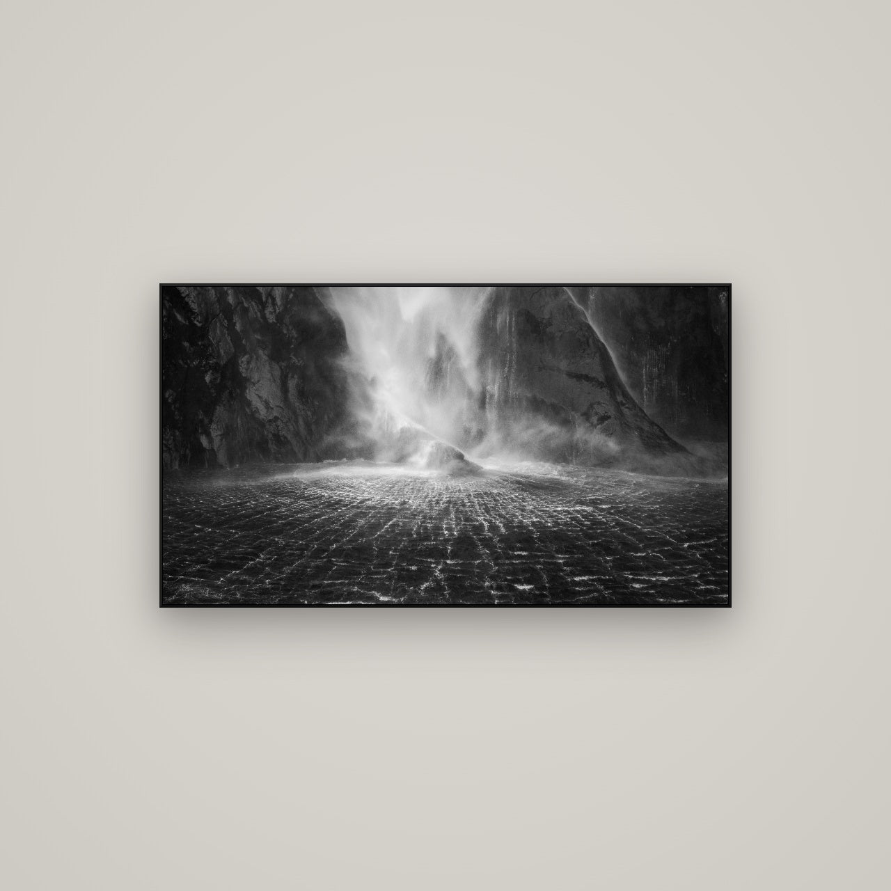 Stirling Falls, Milford Sound — ArtBox Black, 107×60 cm. New Zealand fine art wall art by Stephen Milner.