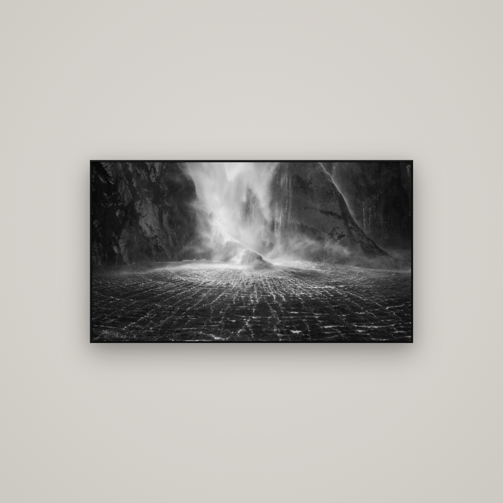 Stirling Falls, Milford Sound — ArtBox Black, 107×60 cm. New Zealand fine art wall art by Stephen Milner.