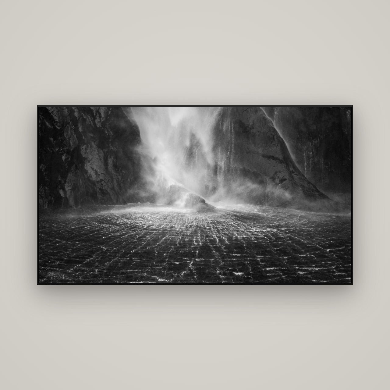 Stirling Falls, Milford Sound — ArtBox Black, 160×90 cm. New Zealand fine art wall art by Stephen Milner.