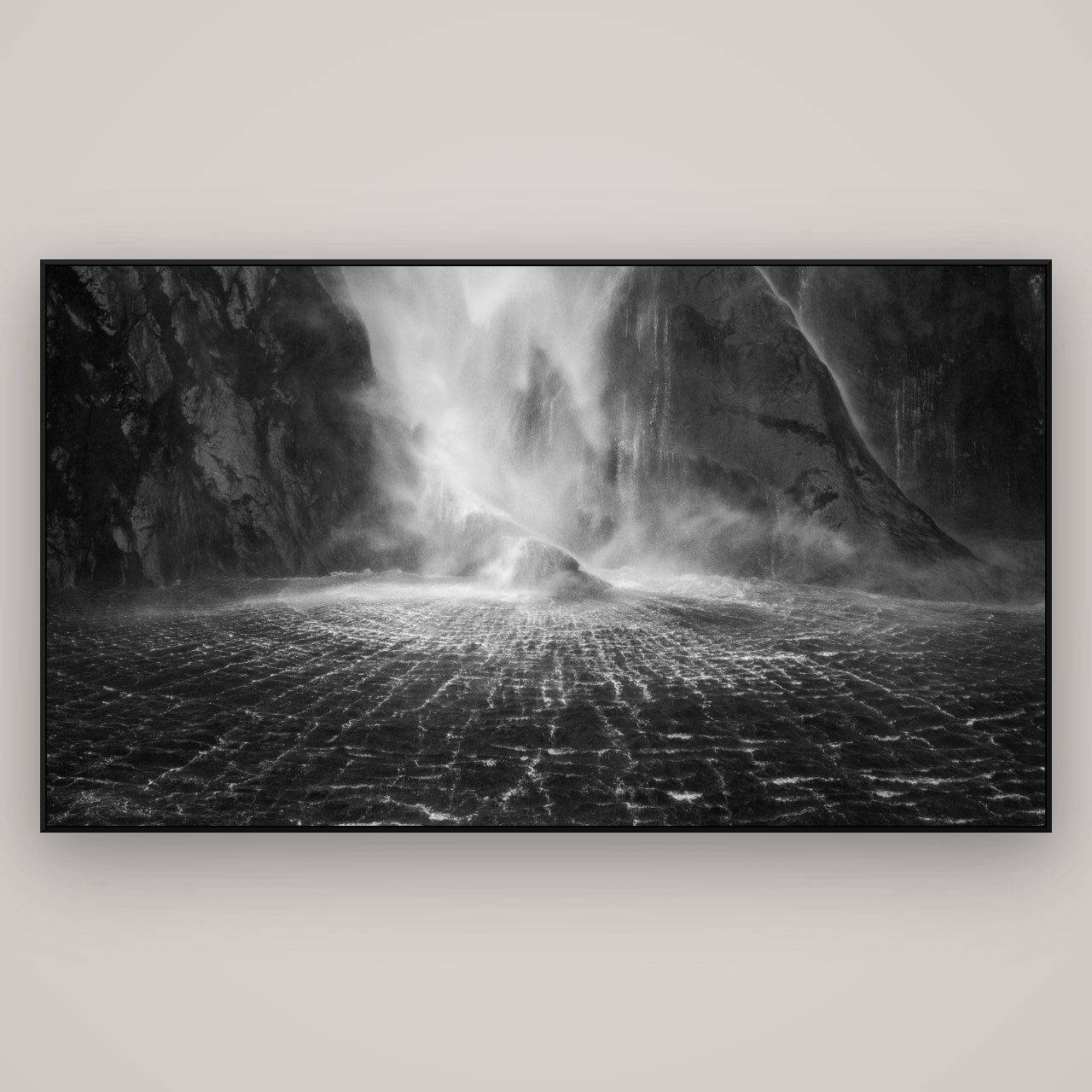 Stirling Falls, Milford Sound — ArtBox Black, 196×110 cm. New Zealand fine art wall art by Stephen Milner.