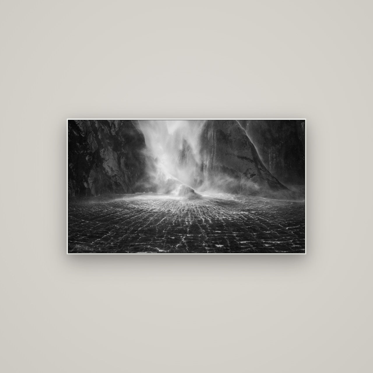 Stirling Falls, Milford Sound — ArtBox White, 107×60 cm. New Zealand fine art wall art by Stephen Milner.