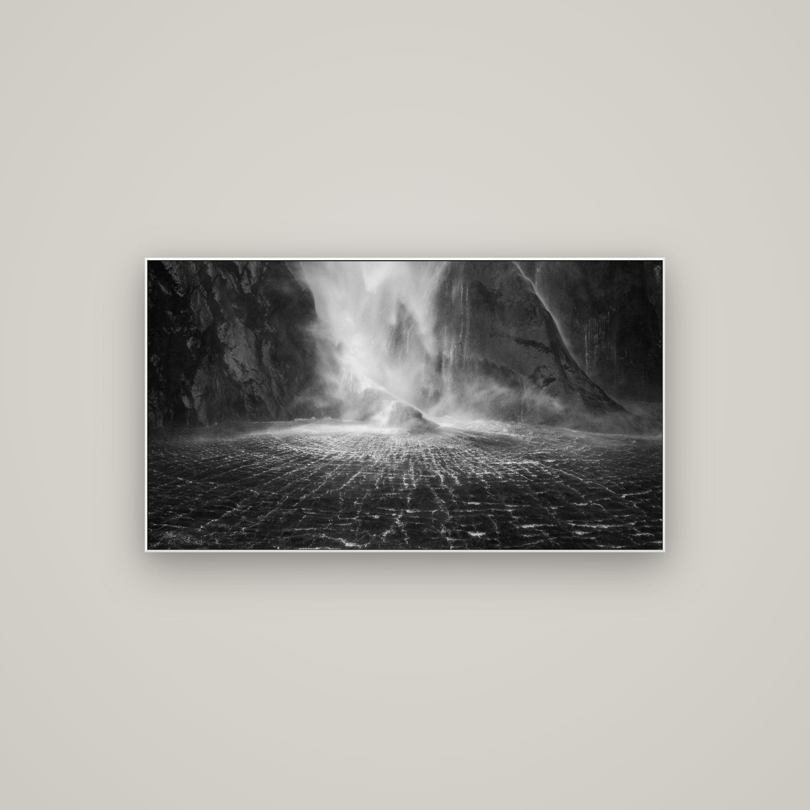 Stirling Falls, Milford Sound — ArtBox White, 107×60 cm. New Zealand fine art wall art by Stephen Milner.