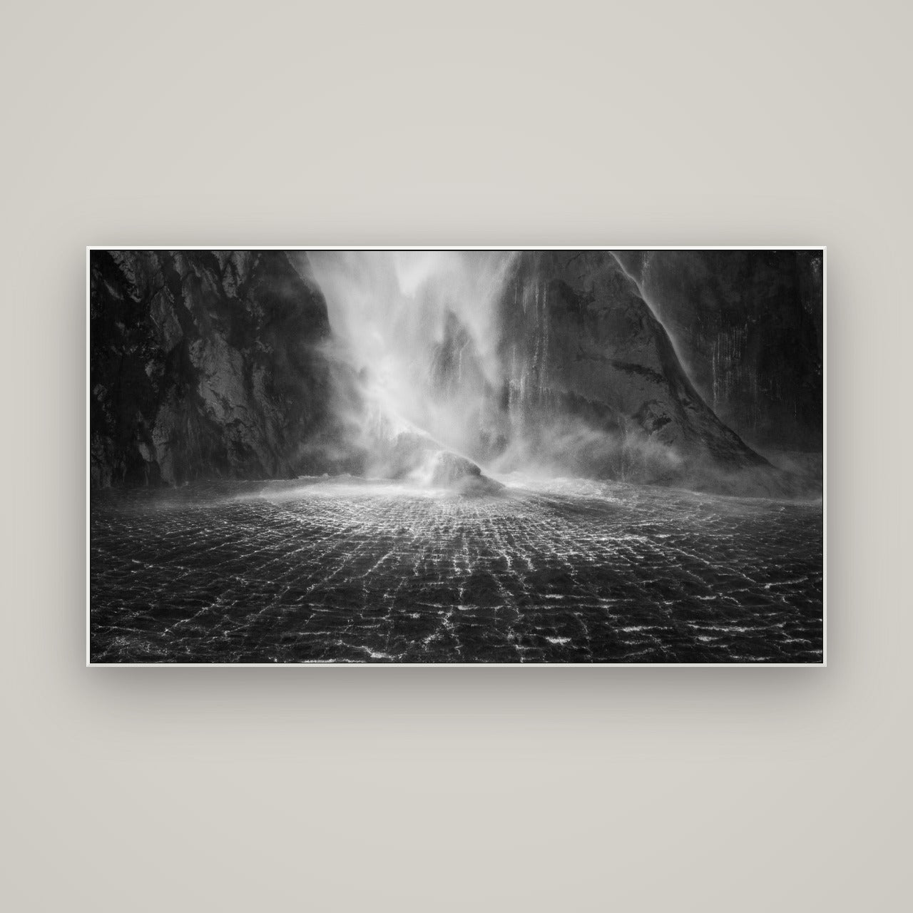 Stirling Falls, Milford Sound — ArtBox White, 160×90 cm. New Zealand fine art wall art by Stephen Milner.