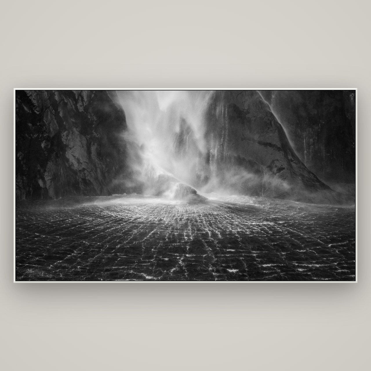 Stirling Falls, Milford Sound — ArtBox White, 196×110 cm. New Zealand fine art wall art by Stephen Milner.