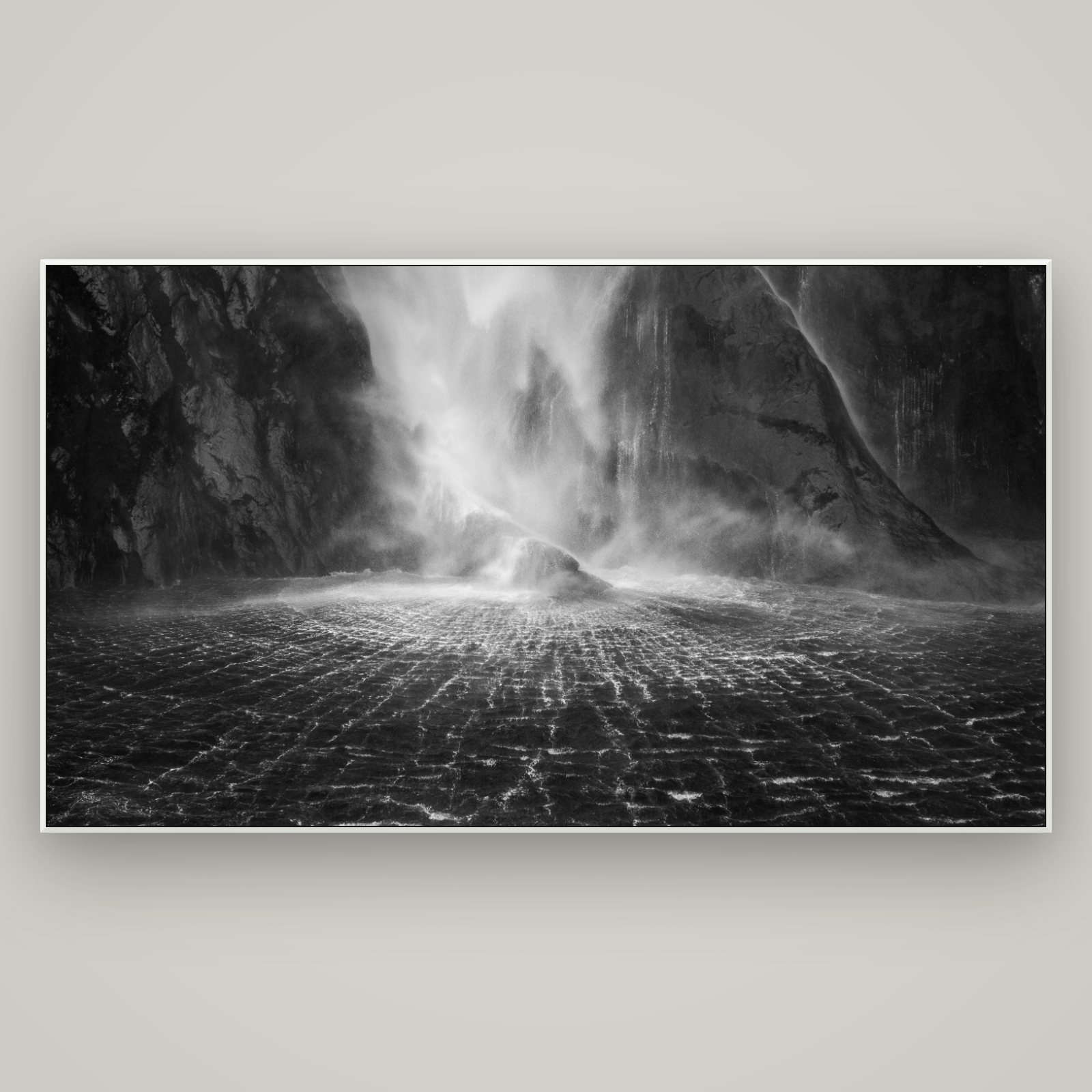 Stirling Falls, Milford Sound — ArtBox White, 196×110 cm. New Zealand fine art wall art by Stephen Milner.