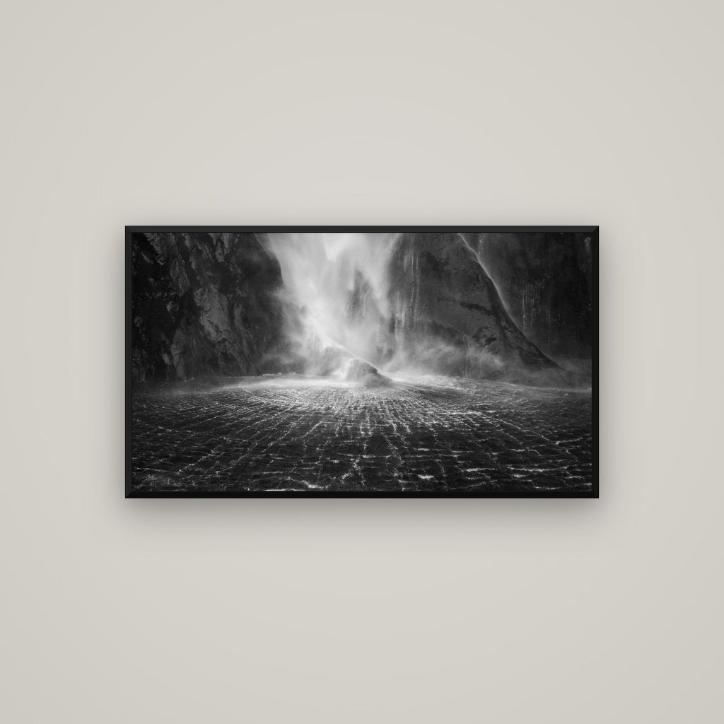 Stirling Falls, Milford Sound — Basel Black Matte, 107×60 cm. New Zealand fine art wall art by Stephen Milner.