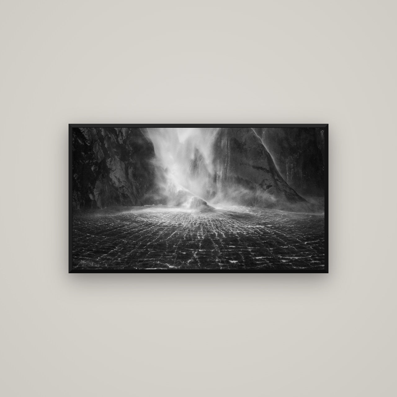 Stirling Falls, Milford Sound — Basel Black, 107×60 cm. New Zealand fine art wall art by Stephen Milner.