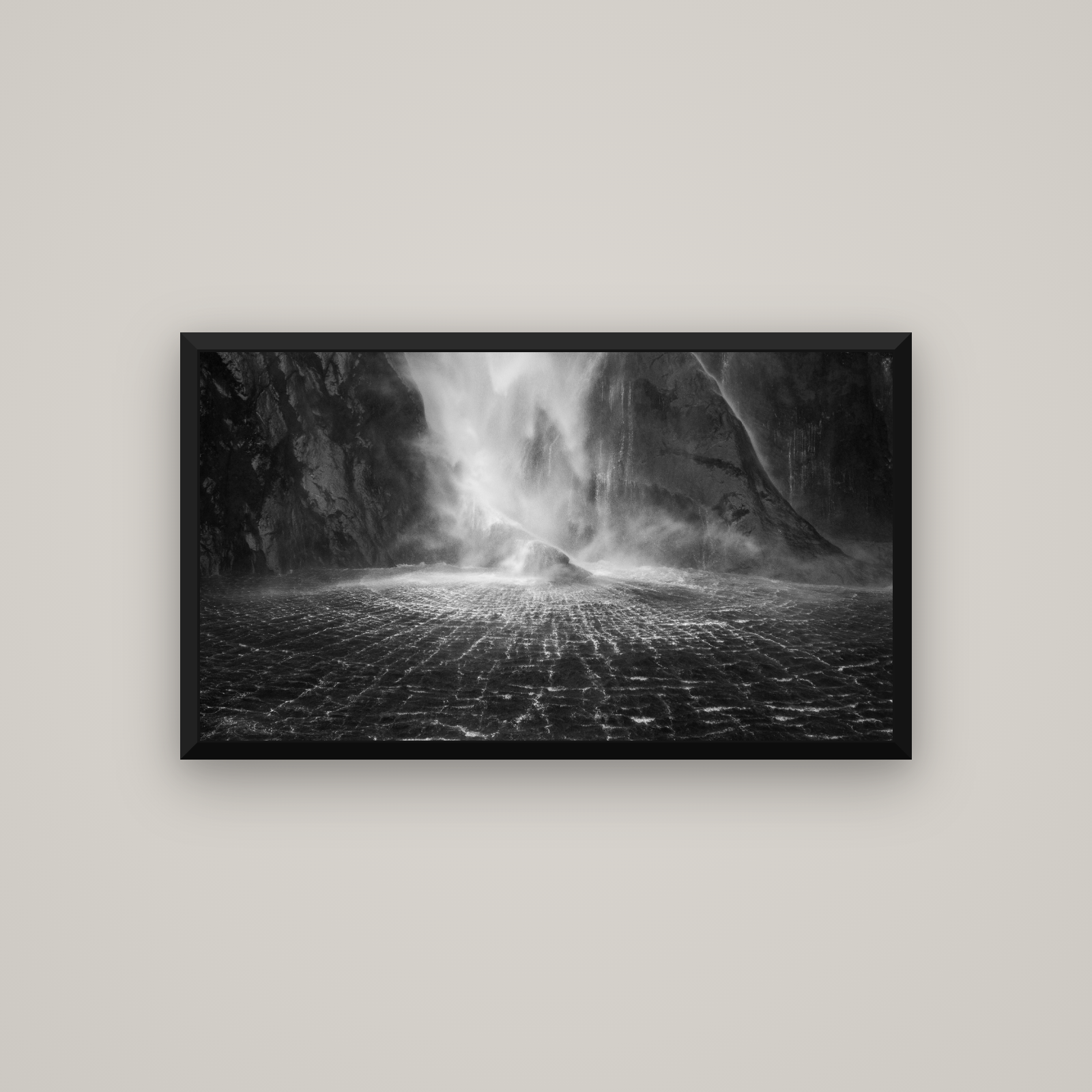 Stirling Falls, Milford Sound — Basel Black, 107×60 cm. New Zealand fine art wall art by Stephen Milner.