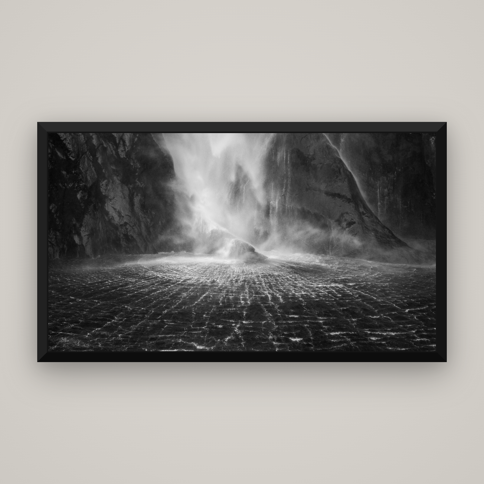 Stirling Falls, Milford Sound — Basel Black, 160×90 cm. New Zealand fine art wall art by Stephen Milner.