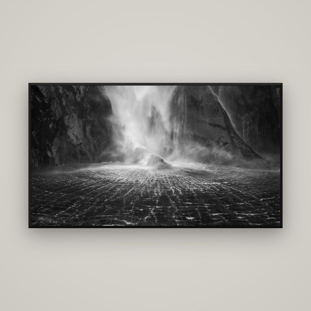 Stirling Falls, Milford Sound — Basel Black Matte, 160×90 cm. New Zealand fine art wall art by Stephen Milner.