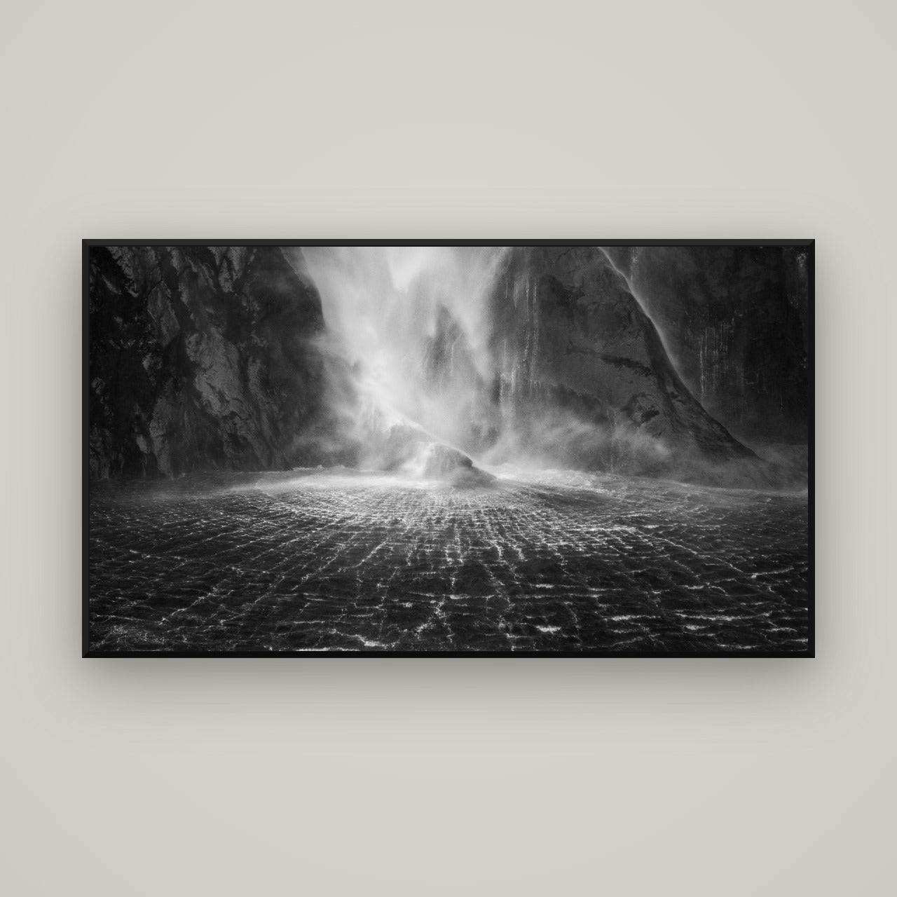 Stirling Falls, Milford Sound — Basel Black, 160×90 cm. New Zealand fine art wall art by Stephen Milner.
