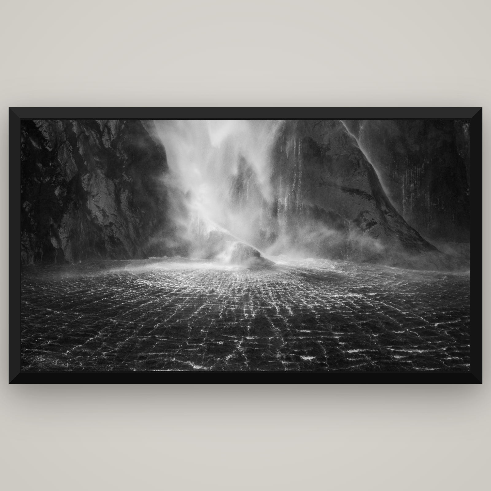 Stirling Falls, Milford Sound — Basel Black, 196×110 cm. New Zealand fine art wall art by Stephen Milner.