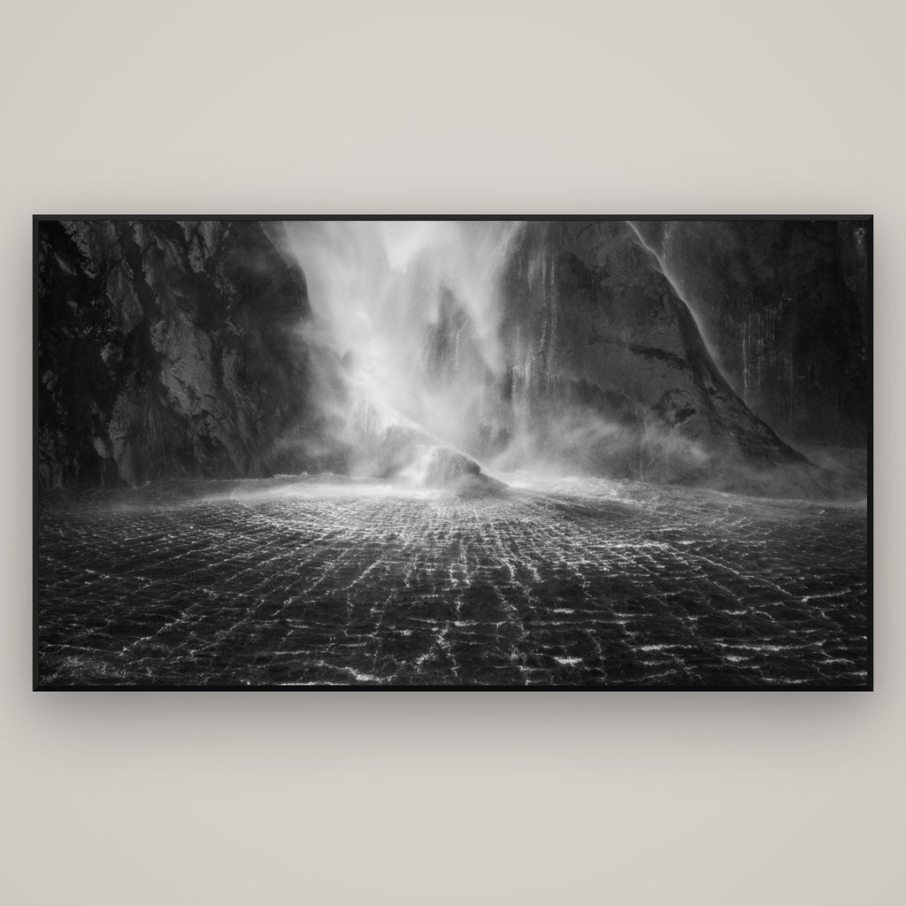 Stirling Falls, Milford Sound — Basel Black, 196×110 cm. New Zealand fine art wall art by Stephen Milner.