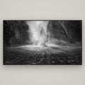 Stirling Falls, Milford Sound — Basel Black, 196×110 cm. New Zealand fine art wall art by Stephen Milner.