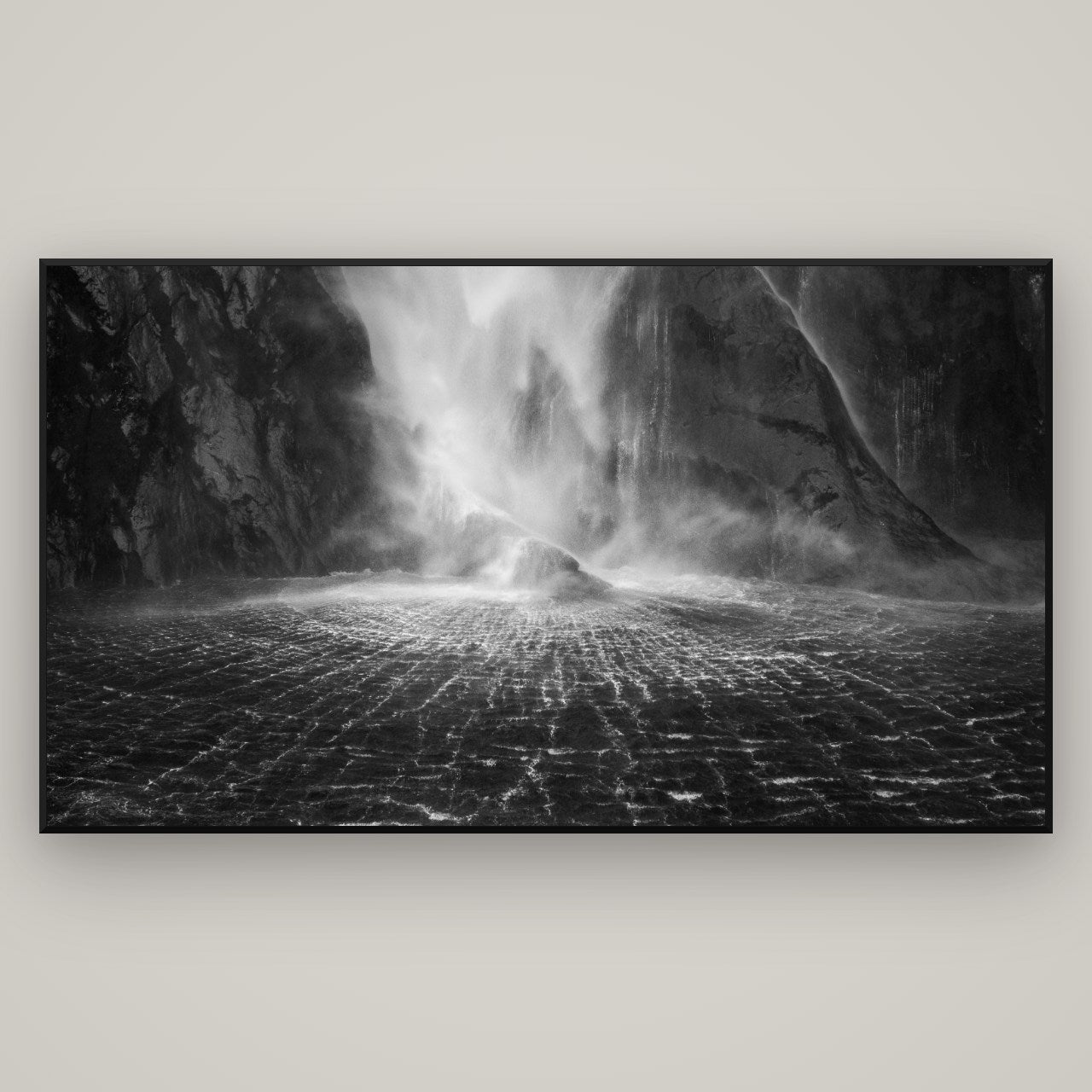 Stirling Falls, Milford Sound — Basel Black, 196×110 cm. New Zealand fine art wall art by Stephen Milner.