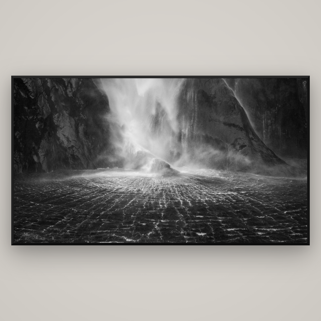 Stirling Falls, Milford Sound — Basel Black Matte, 196×110 cm. New Zealand fine art wall art by Stephen Milner.