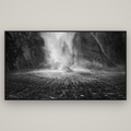Stirling Falls, Milford Sound — Basel Black Matte, 196×110 cm. New Zealand fine art wall art by Stephen Milner.