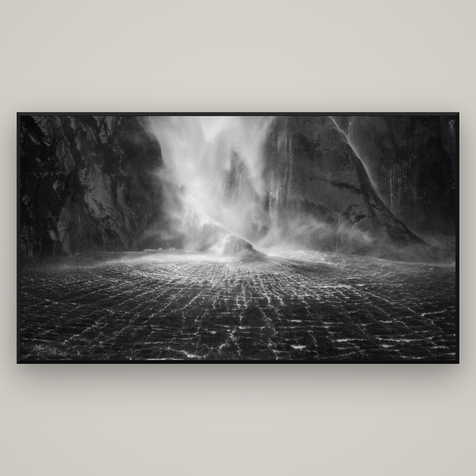 Stirling Falls, Milford Sound — Basel Black Matte, 196×110 cm. New Zealand fine art wall art by Stephen Milner.