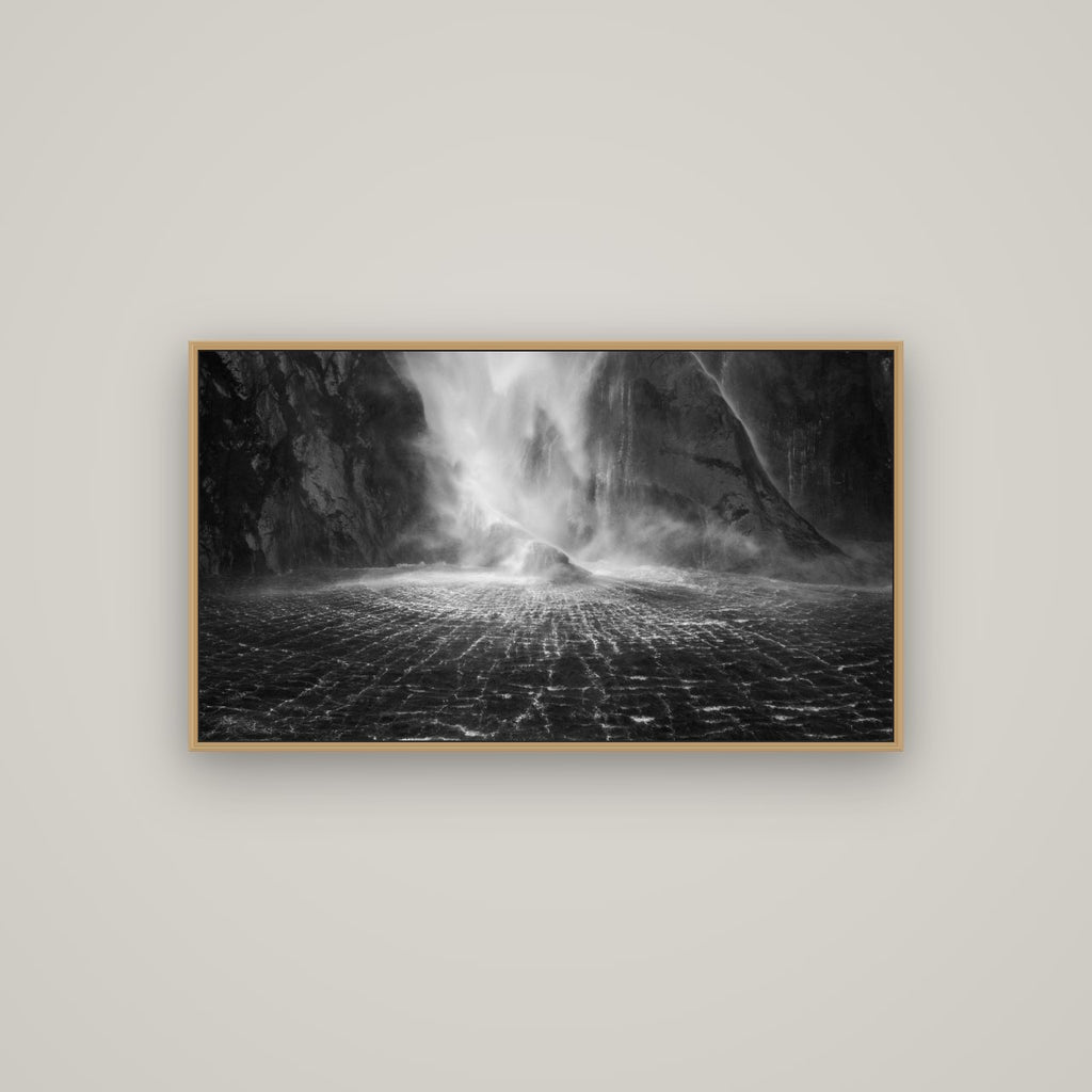 Stirling Falls, Milford Sound, Basel Natural Oak, 107×60 cm. New Zealand fine art wall art by Stephen Milner.