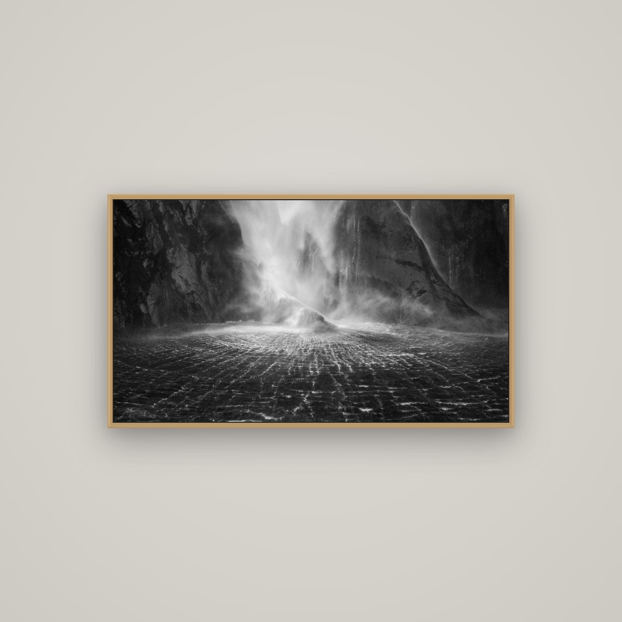 Stirling Falls, Milford Sound, Basel Natural Oak, 107×60 cm. New Zealand fine art wall art by Stephen Milner.