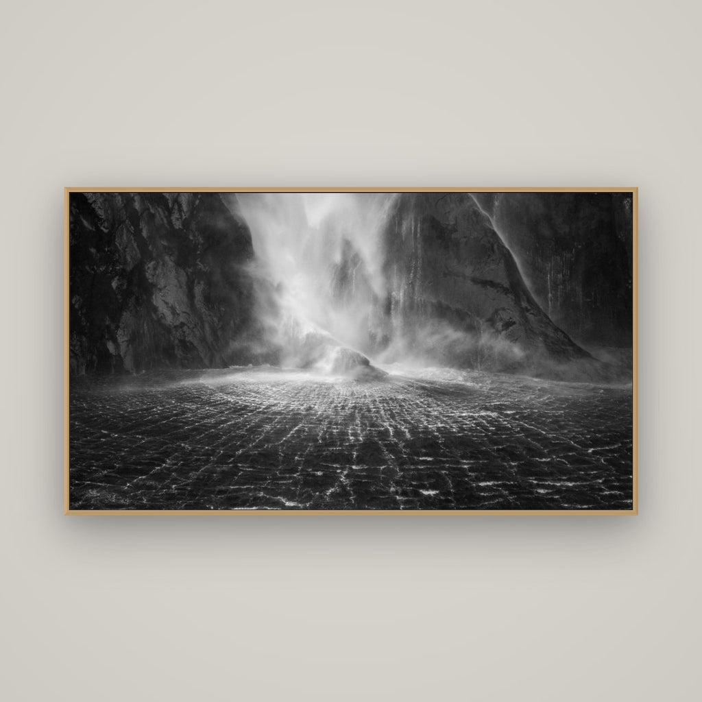 Stirling Falls, Milford Sound, Basel Natural Oak, 160×90 cm. New Zealand fine art wall art by Stephen Milner.