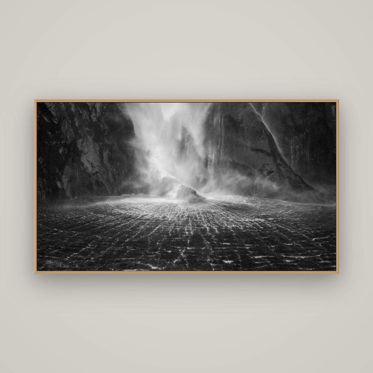 Stirling Falls, Milford Sound, Basel Natural Oak, 160×90 cm. New Zealand fine art wall art by Stephen Milner.