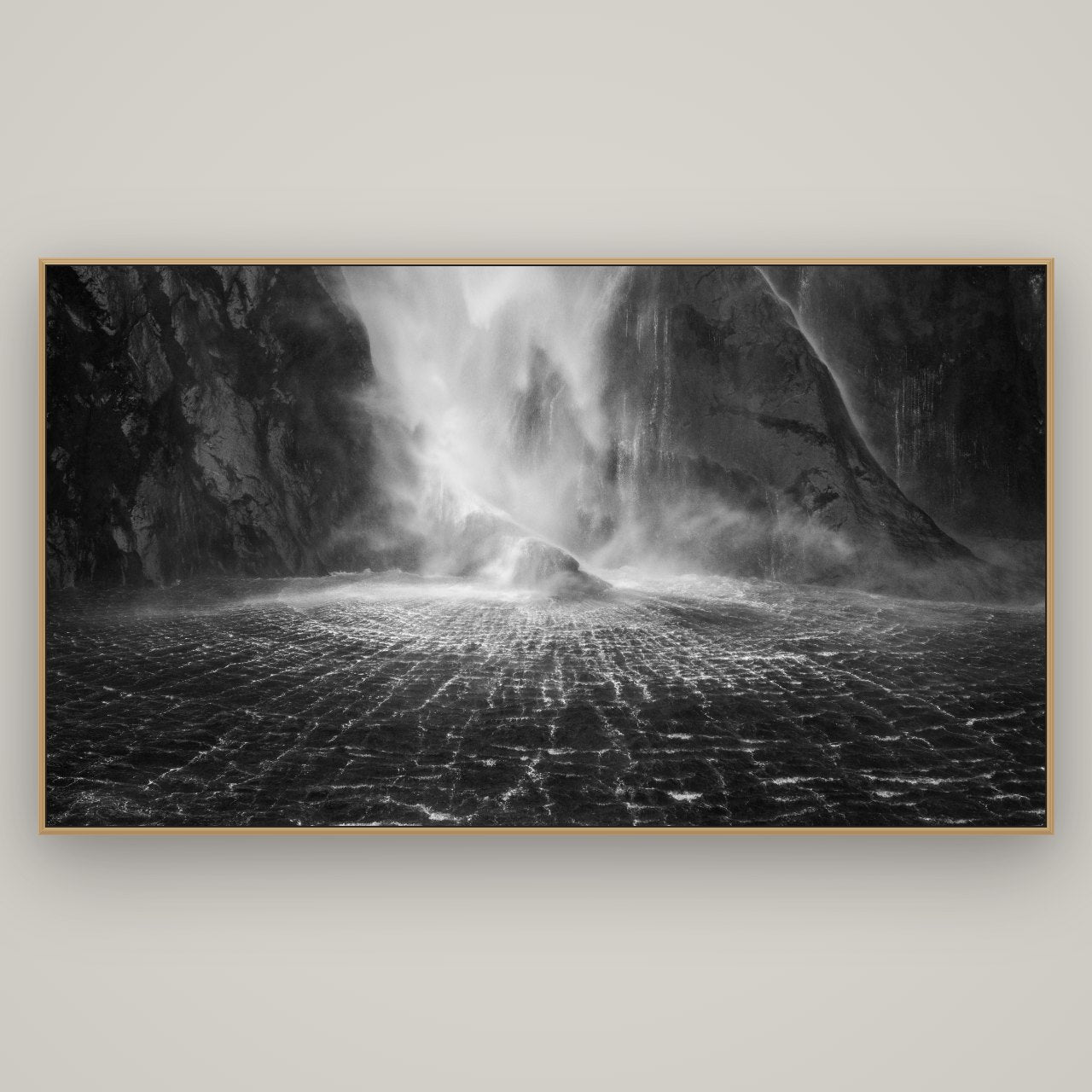 Stirling Falls, Milford Sound, Basel Natural Oak, 196×110 cm. New Zealand fine art wall art by Stephen Milner.