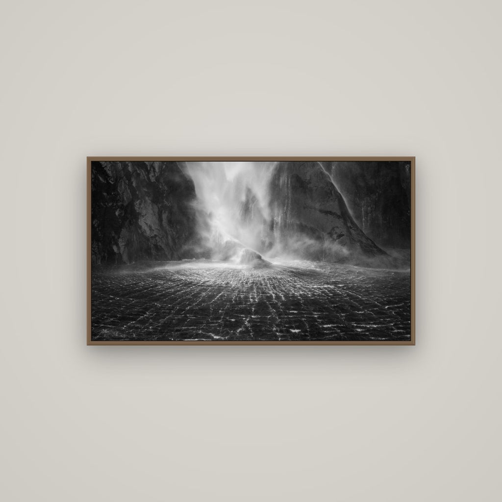 Stirling Falls, Milford Sound, Basel Walnut, 107×60 cm. New Zealand fine art wall art by Stephen Milner.