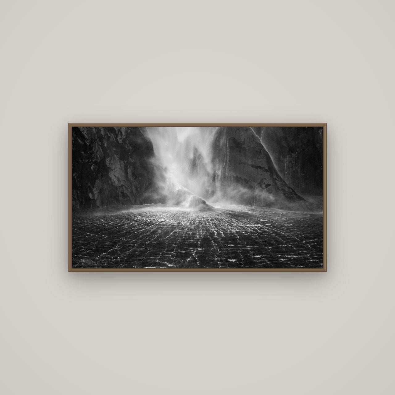 Stirling Falls, Milford Sound, Basel Walnut, 107×60 cm. New Zealand fine art wall art by Stephen Milner.