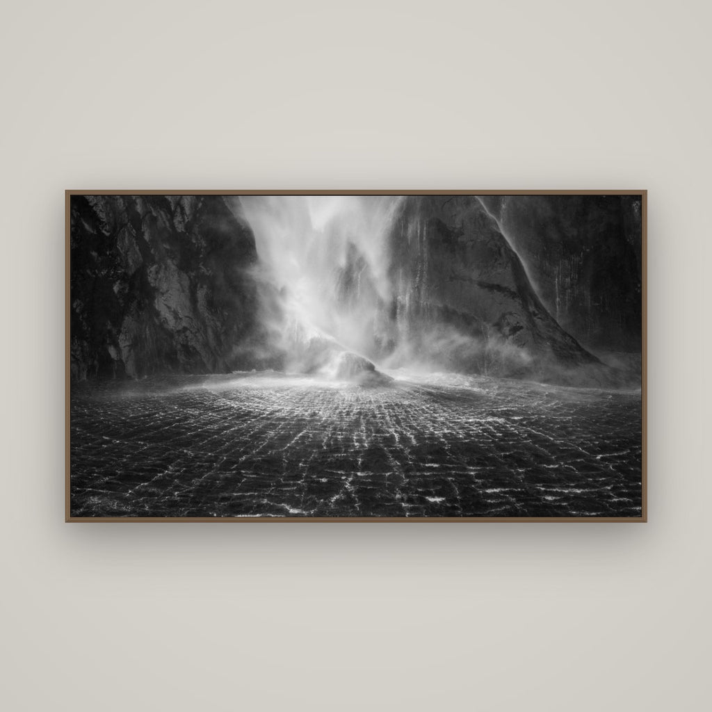 Stirling Falls, Milford Sound, Basel Walnut, 160×90 cm. New Zealand fine art wall art by Stephen Milner.