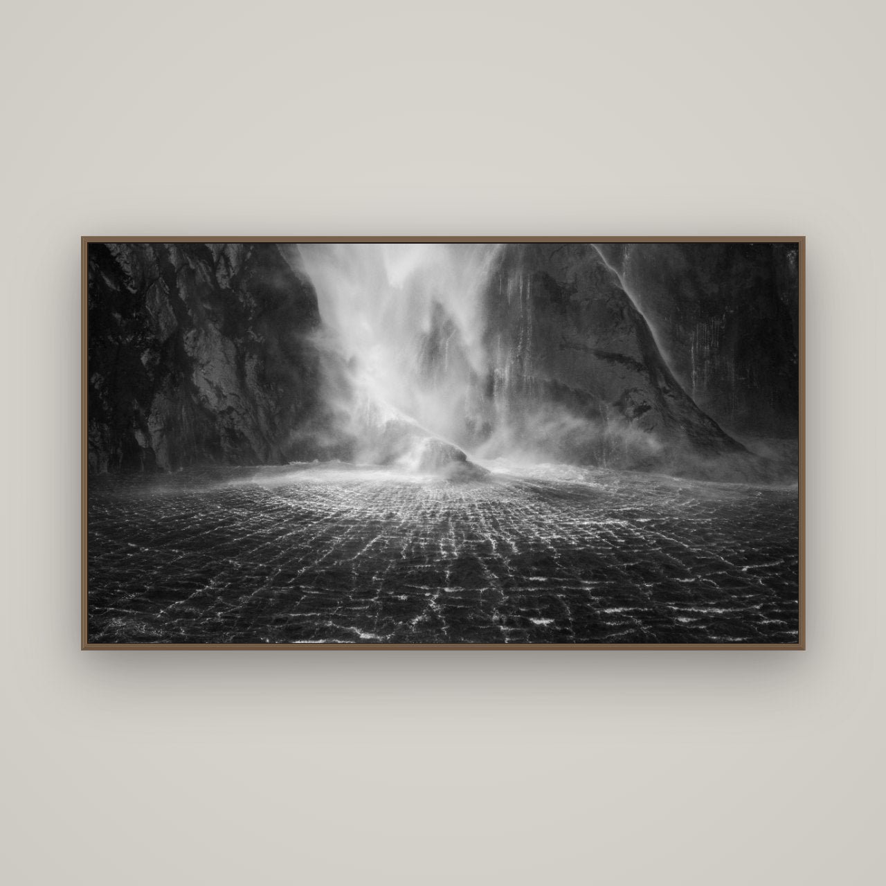 Stirling Falls, Milford Sound, Basel Walnut, 160×90 cm. New Zealand fine art wall art by Stephen Milner.