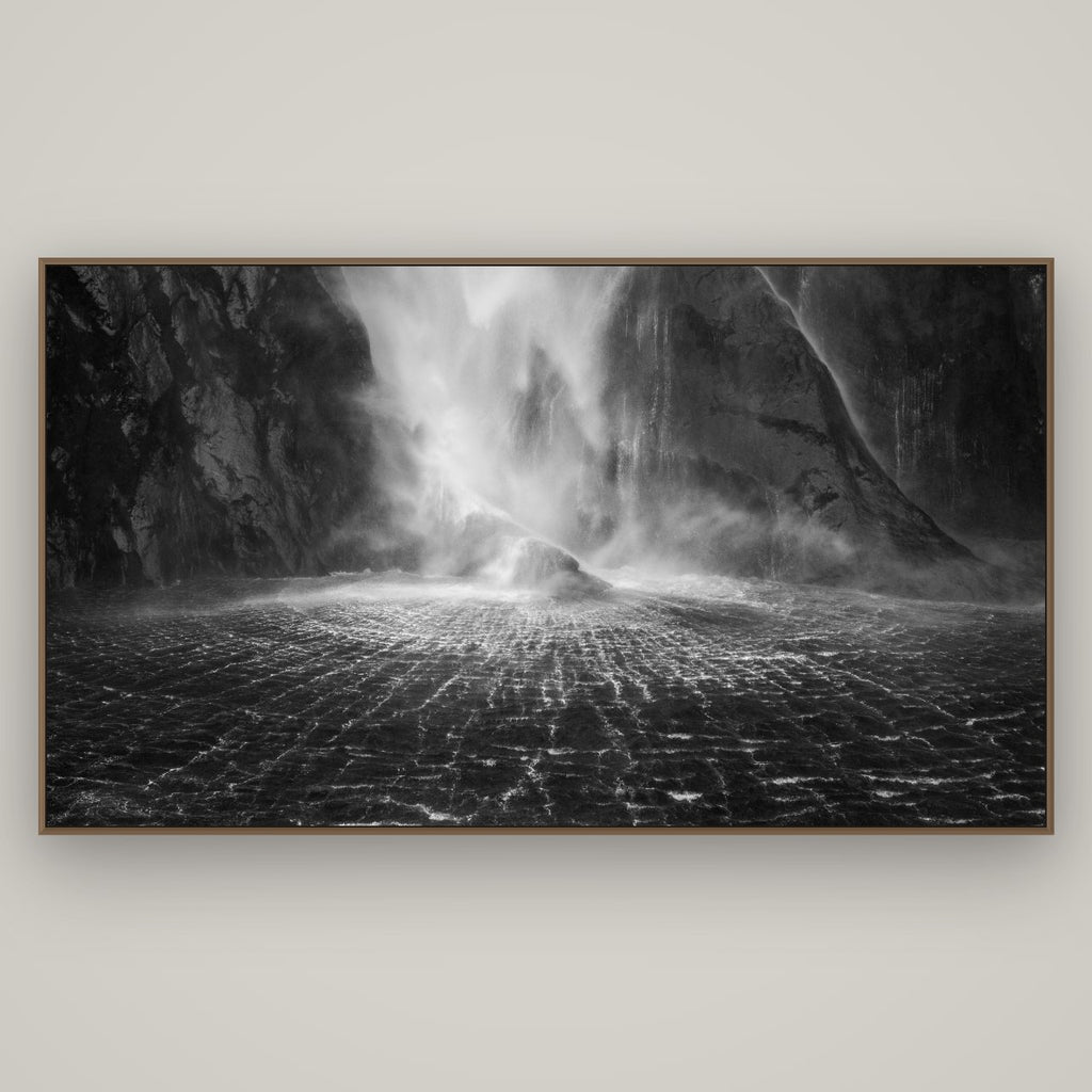 Stirling Falls, Milford Sound, Basel Walnut, 196×110 cm. New Zealand fine art wall art by Stephen Milner.