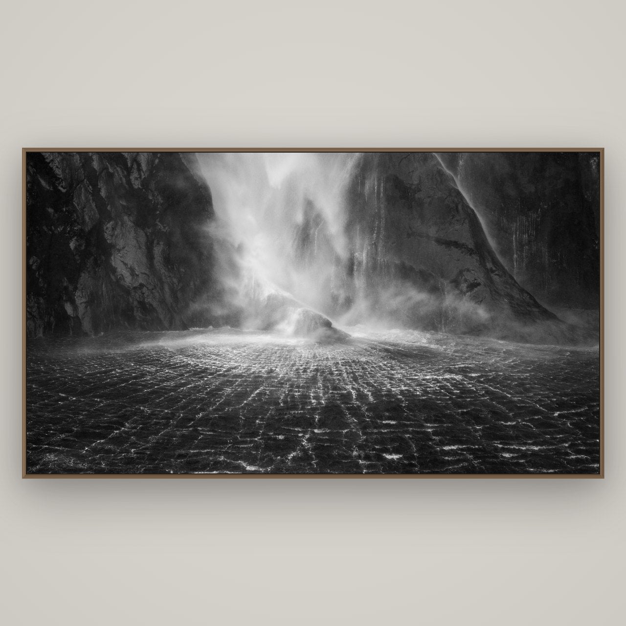 Stirling Falls, Milford Sound, Basel Walnut, 196×110 cm. New Zealand fine art wall art by Stephen Milner.