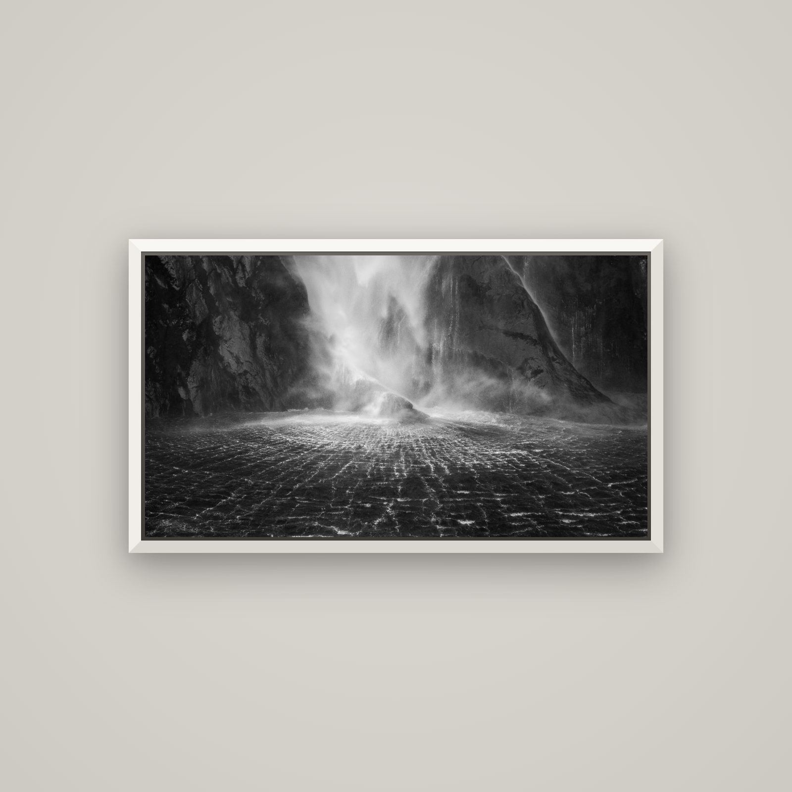 Stirling Falls, Milford Sound — Basel White, 107×60 cm. New Zealand fine art wall art by Stephen Milner.