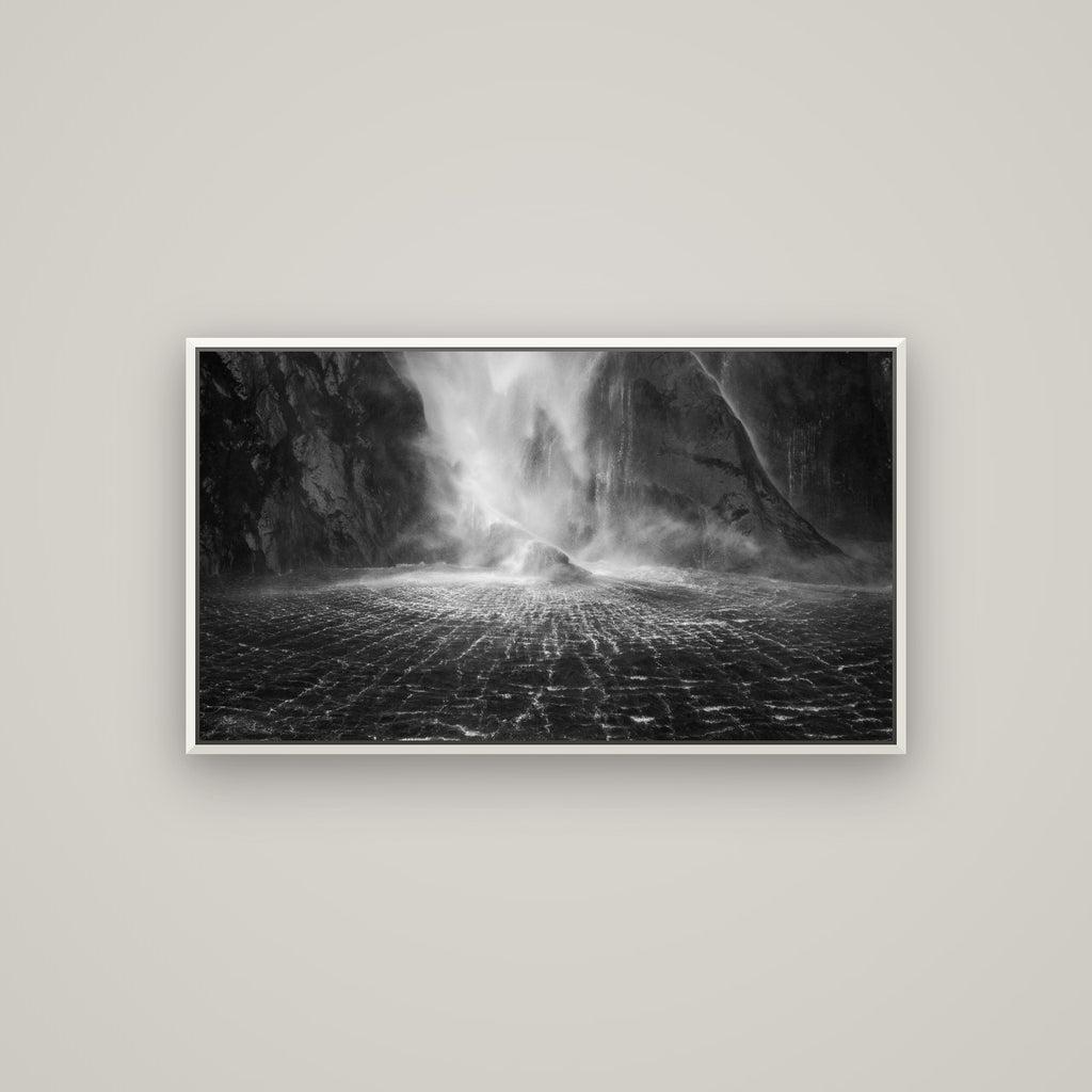 Stirling Falls, Milford Sound — Basel White, 107×60 cm. New Zealand fine art wall art by Stephen Milner.
