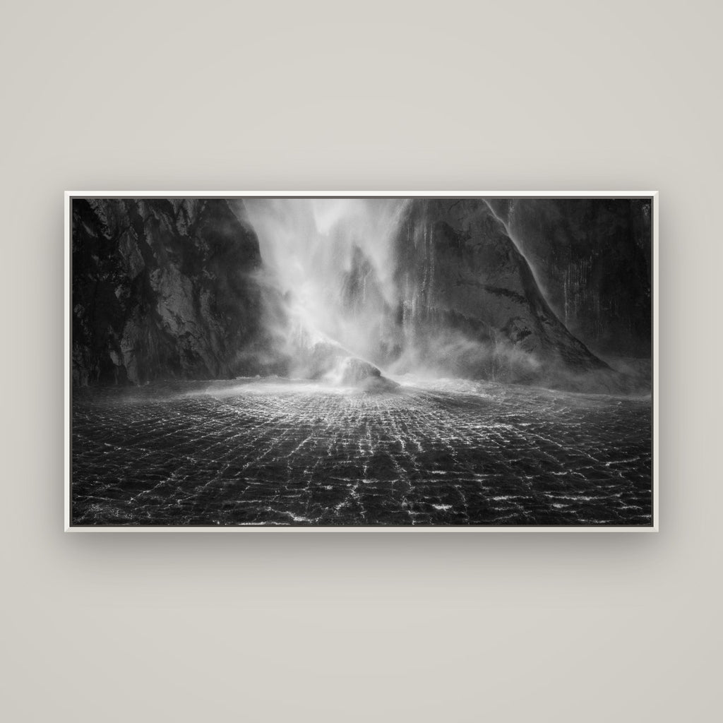 Stirling Falls, Milford Sound — Basel White, 160×90 cm. New Zealand fine art wall art by Stephen Milner.