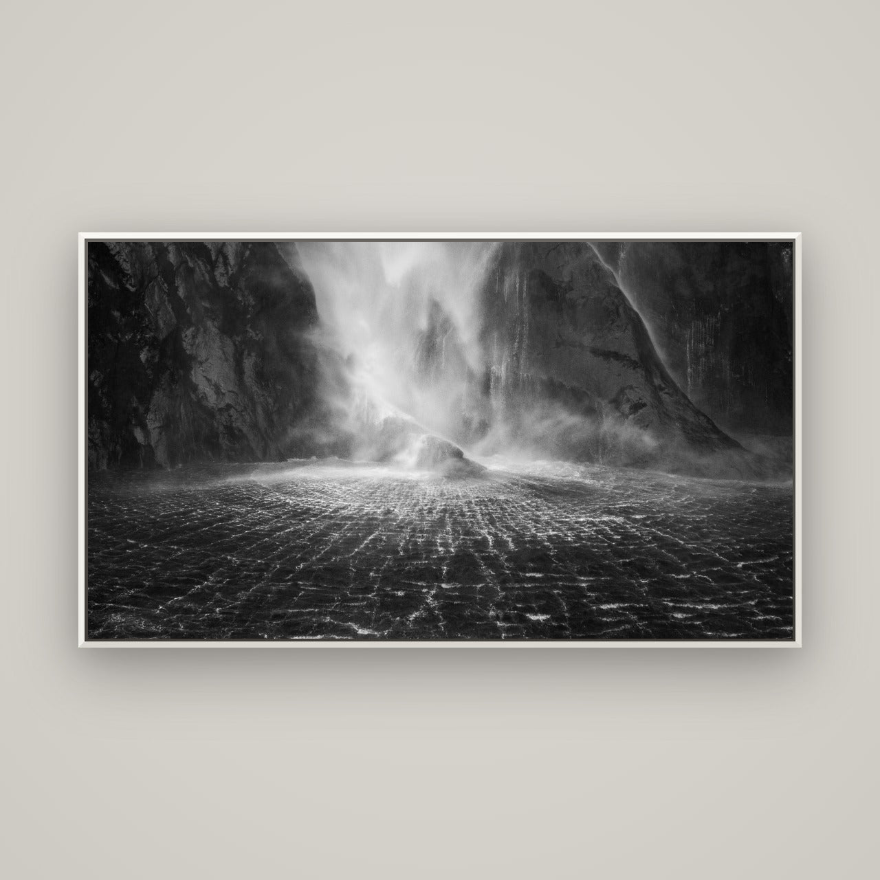 Stirling Falls, Milford Sound — Basel White, 160×90 cm. New Zealand fine art wall art by Stephen Milner.